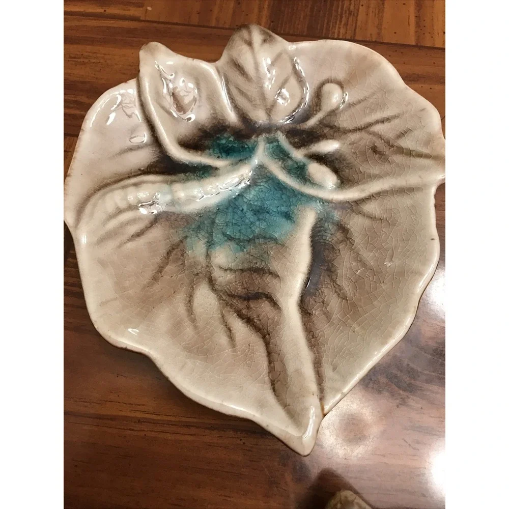 Vintage‎ Pottery Stoneware Brown Teal Leaf Plate ash tray